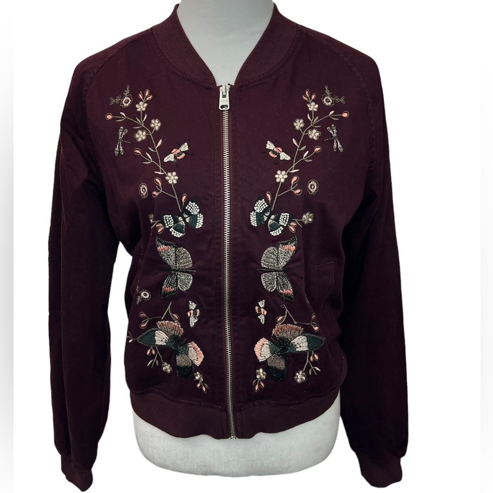 Express Burgundy Embroidered Bomber Jacket